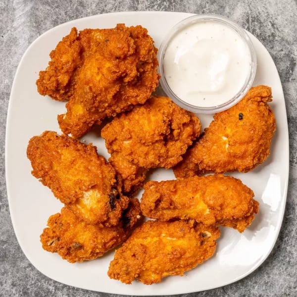 Crispy fried chicken wings with a side of ranch dressing on a white plate.