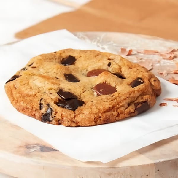 A single chocolate chip cookie with melted chocolate chunks on white parchment paper.